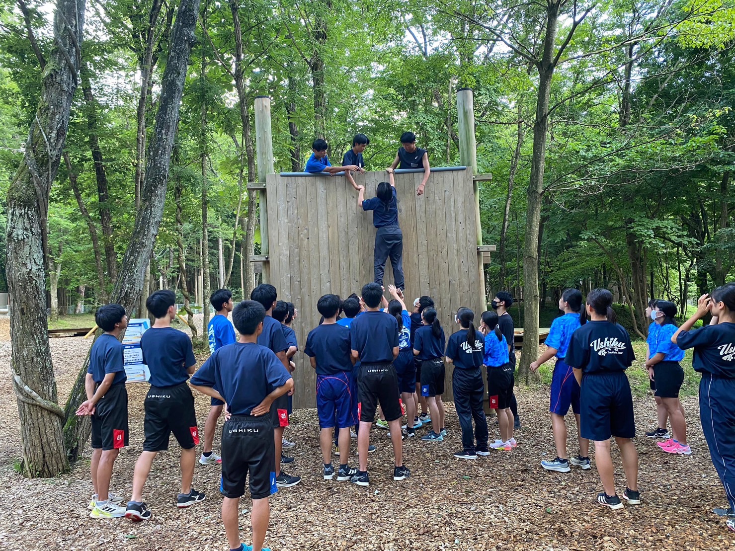 森の中に設置された大きな木製の壁をよじ登ろうとする生徒とそれを見守る生徒たち